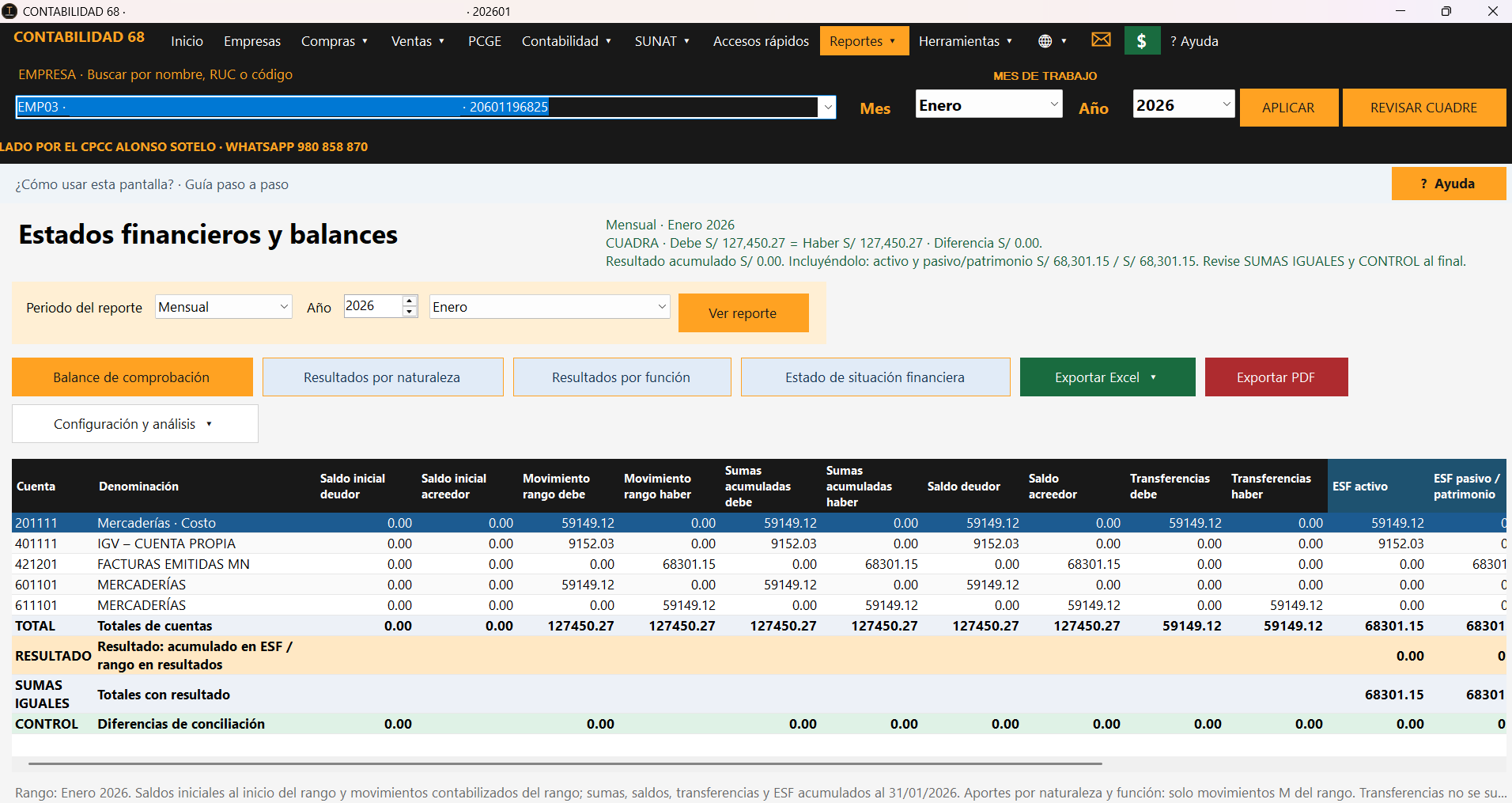 Módulo de estados financieros y balances de TContable